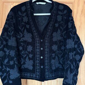 Zara Velvet Button Up Jacket Blazer Womens S Black Embroidery Whimsigoth Grunge